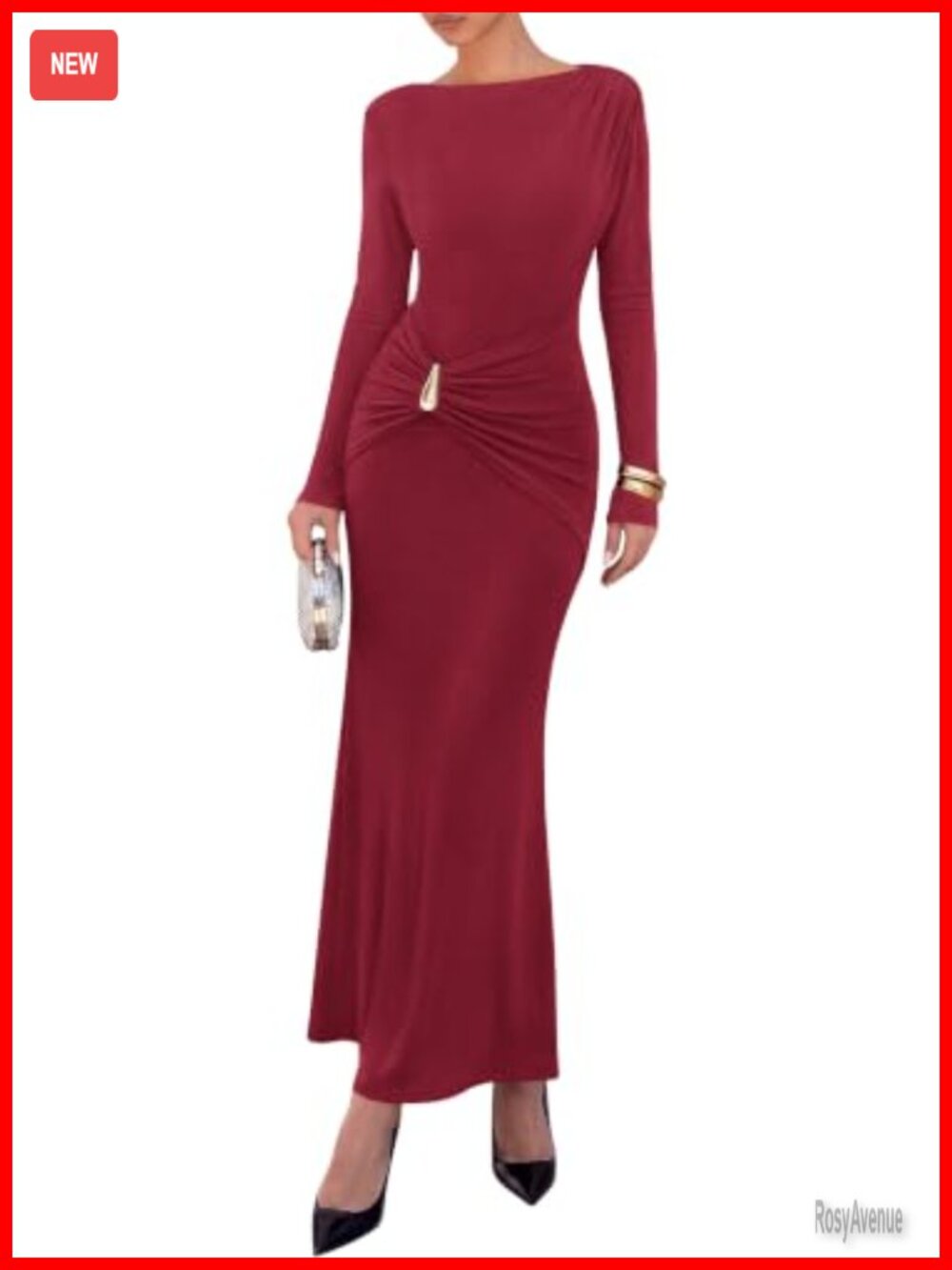 BTFBM Women's Long Sleeve Ruched Slit Maxi Wedding Guest Dress